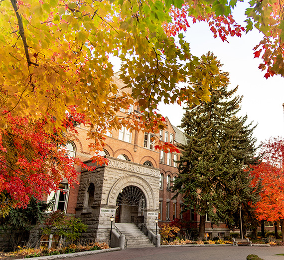 大学大厅的照片，展示着充满活力的秋天树叶